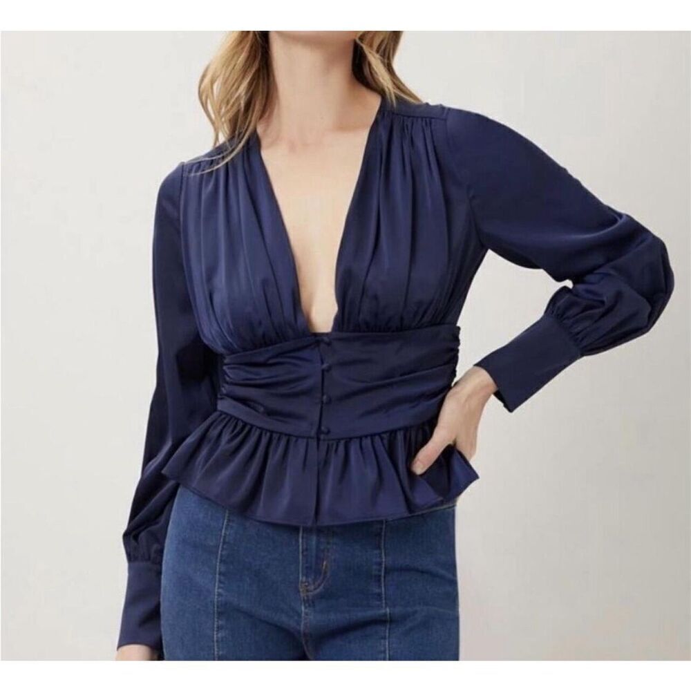 Jason Wu Navy Blue Satin Ruffled Peplum Button Pullover Blouse Size Small